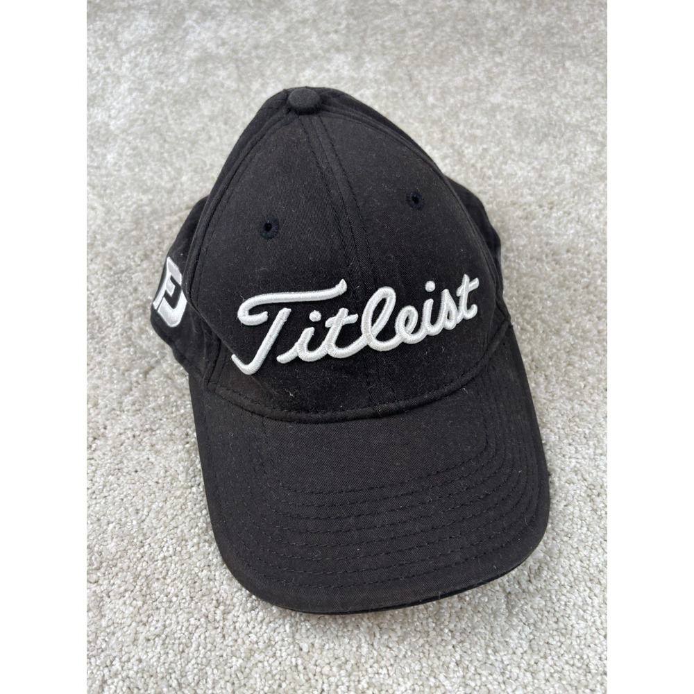 Titleist Fitted Black Golf Hat Footjoy Logo White Script Front Size Flex M/L
